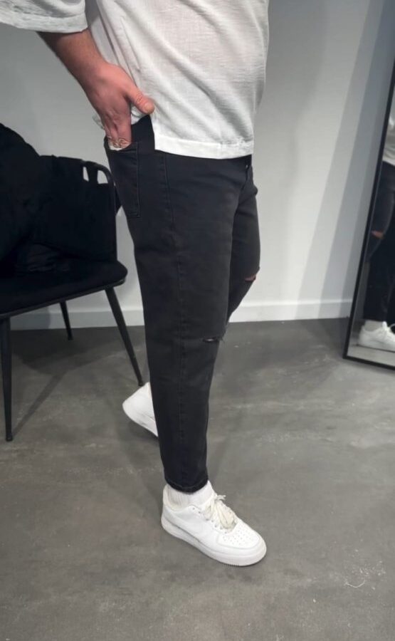 Erkek Siyah Dizi Yırtık Boyfriend Jean