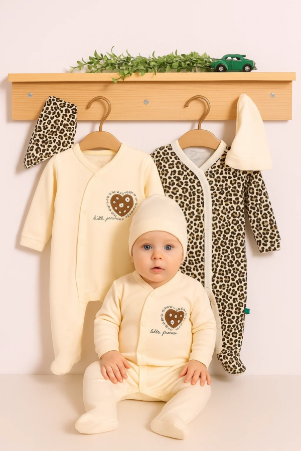 Açık Kahve Leopar Desenli Kız Bebek 4'lü Tulum Seti