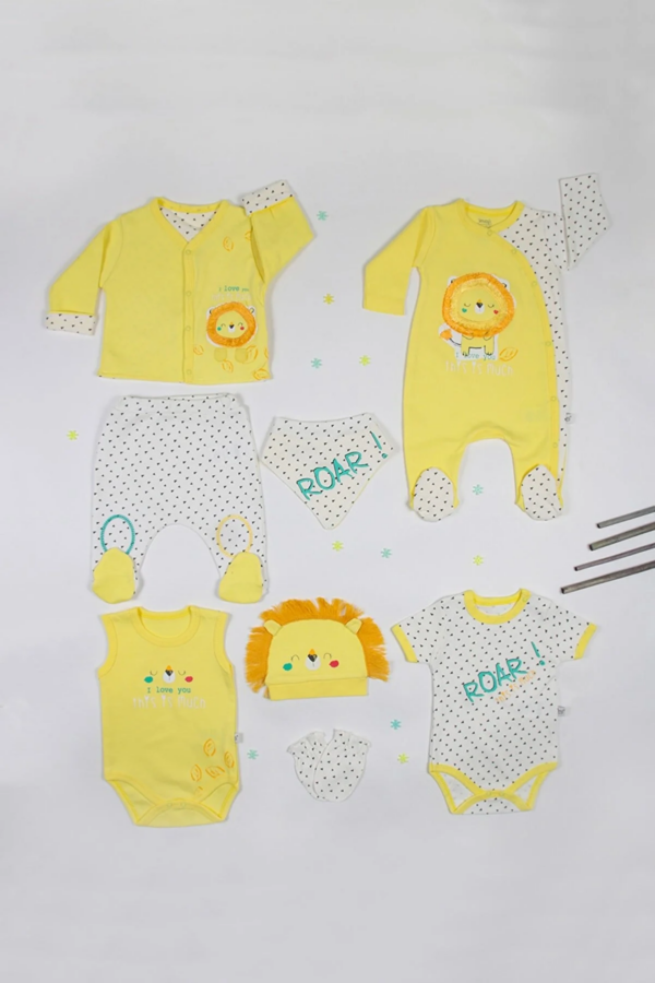 Aslan Desenli % 100 Pamuk 8'li Erkek Bebek Zıbın Seti