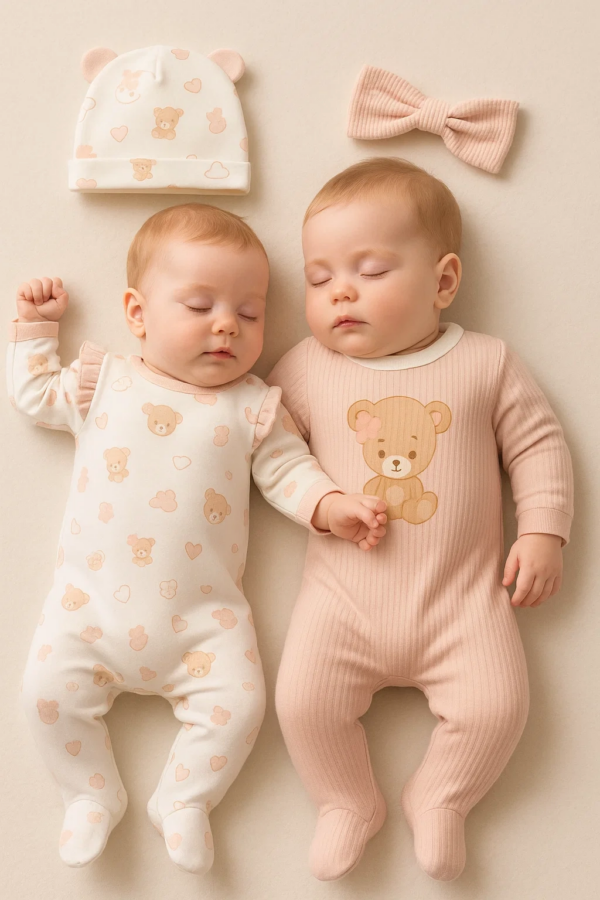 Ayıcık Baskılı Fitilli Şapkalı 2 Adet 2'li Kız Bebek Tulum