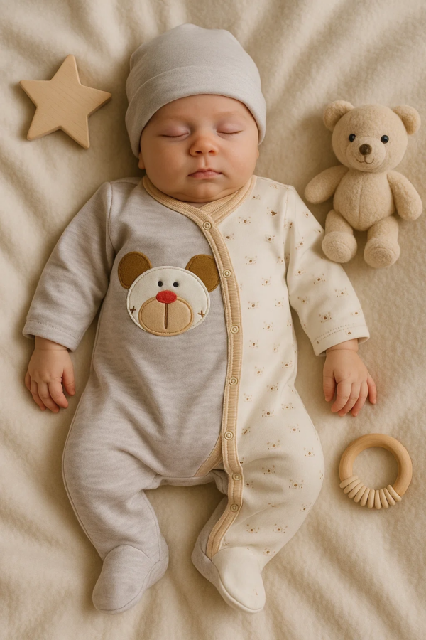 Ayıcık Detaylı Nakışlı Tulumlu % 100 Pamuk Erkek Bebek 5'li Set