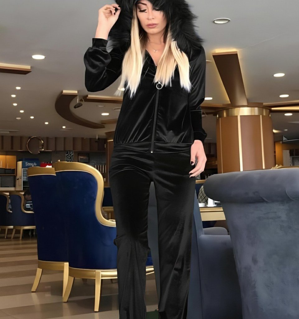 Kadın Uzun Kollu önden Fermuarlı Kapşon Tüy Detaylı Kadife Bluz Ve Pantolon Ikili Takım - Görsel 2