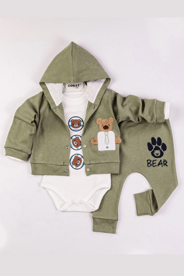 Bear Nakışlı Kapişonlu Erkek Bebek Takım