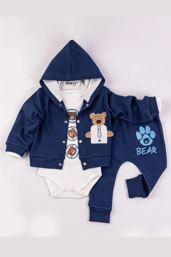 Bear Nakışlı Kapişonlu Erkek Bebek Takım