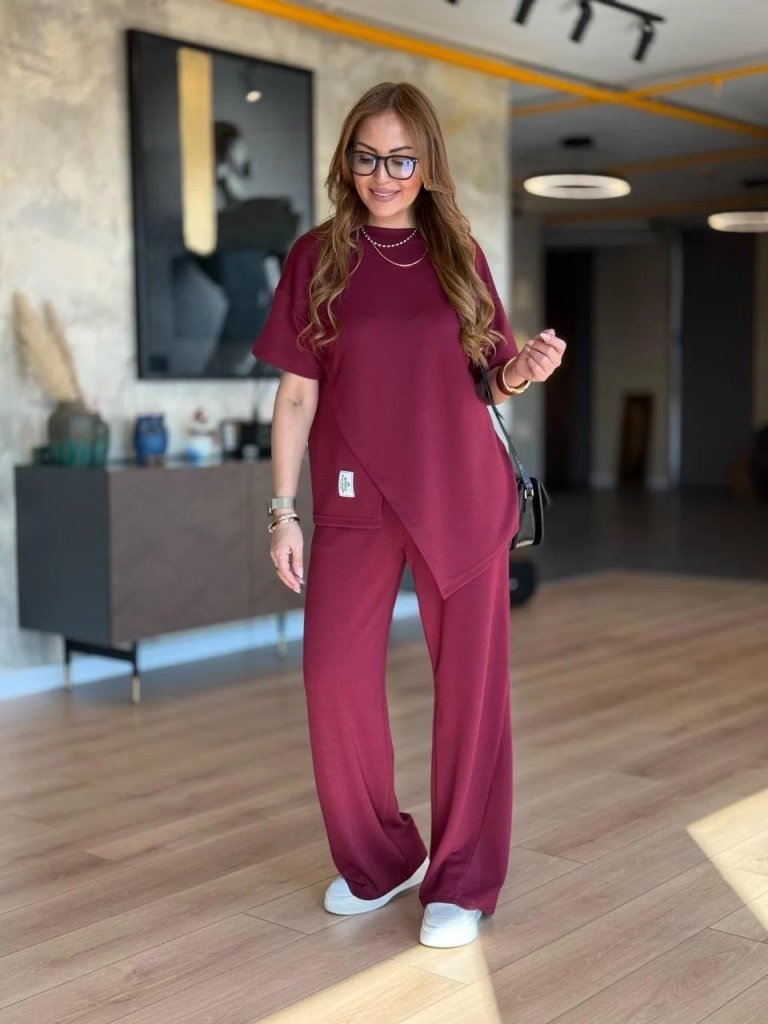 Kadın Kısa Kollu Bisiklet Yaka Asimetrik Viskon Iki Iplik Bluz Ve Pantolon Ikili Takım - Görsel 8