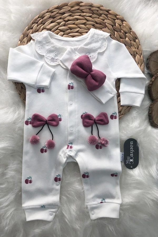 Çilek Nakışlı % 100 Pamuk Kız Bebek Tulumu