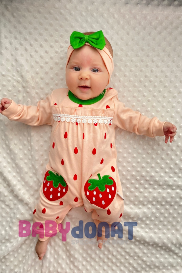 Çilek Nakışlı % 100 Pamuk Kız Bebek Tulumu