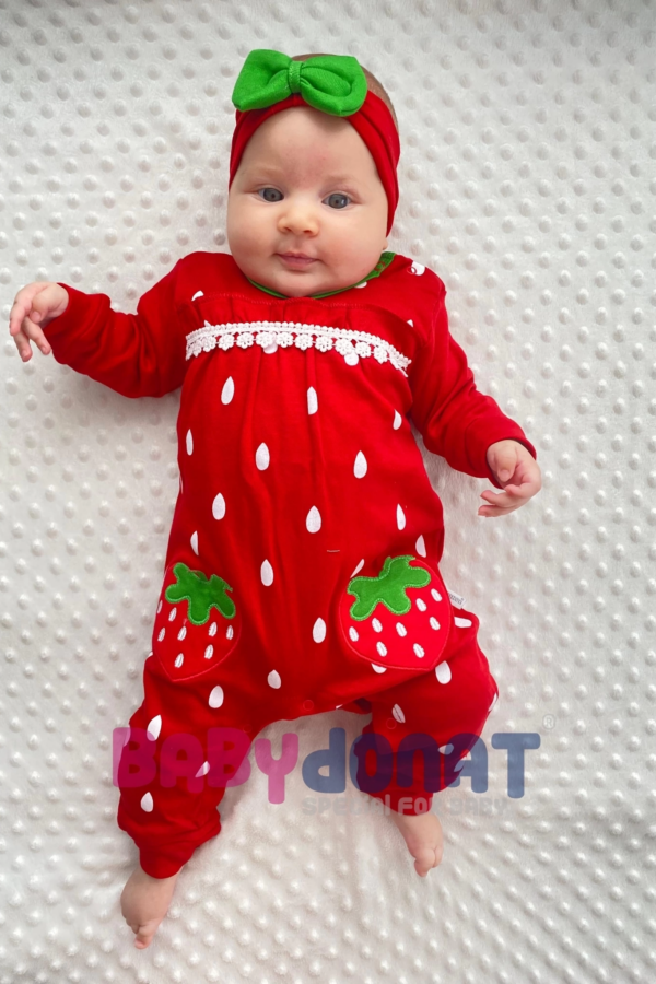Çilek Nakışlı % 100 Pamuk Kız Bebek Tulumu