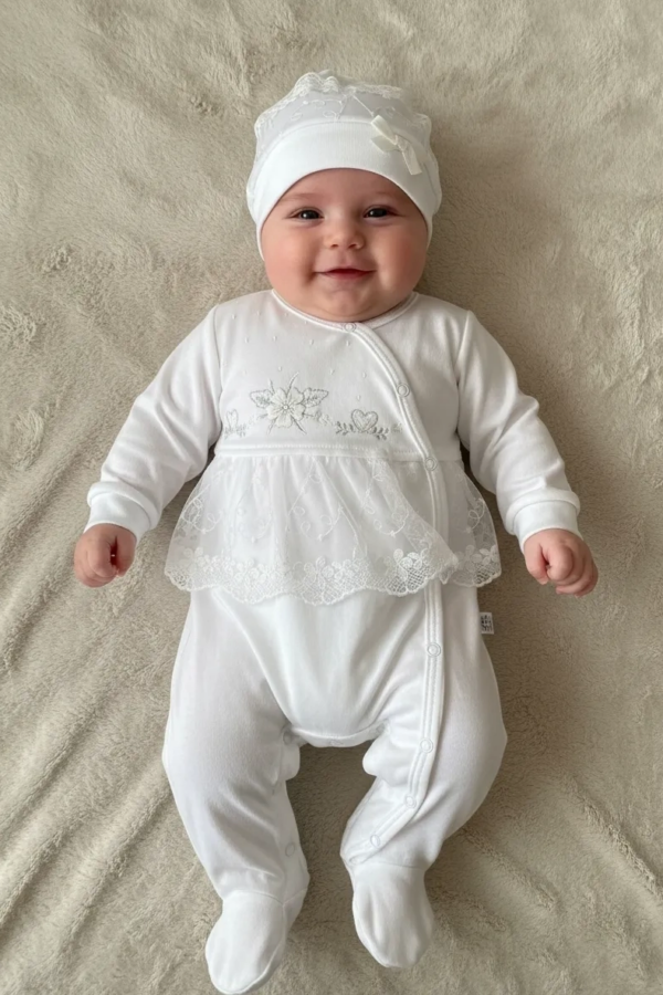Dantelli Çiçek Nakışlı Kız Bebek Tulum %100 Pamuk