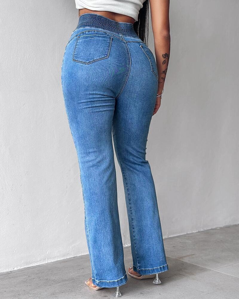Kadın Yüksek Bel Yanları Lastik önü Düğmeli Kot Pantolon - Görsel 9