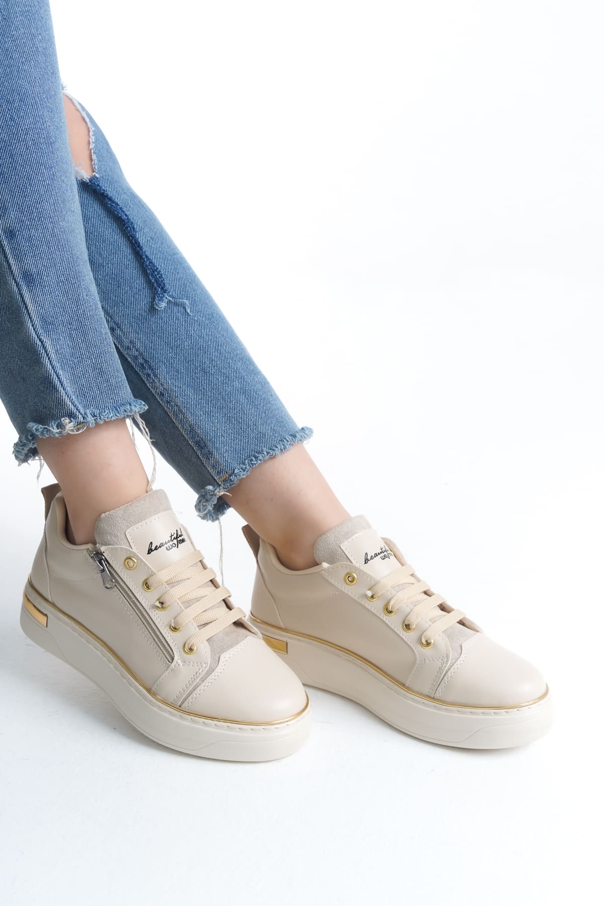 DINA Bağcıklı Fermuarlı Ortopedik Taban Kadın Sneaker Spor Ayakkabı CKT - Krem/Altın - Görsel 2