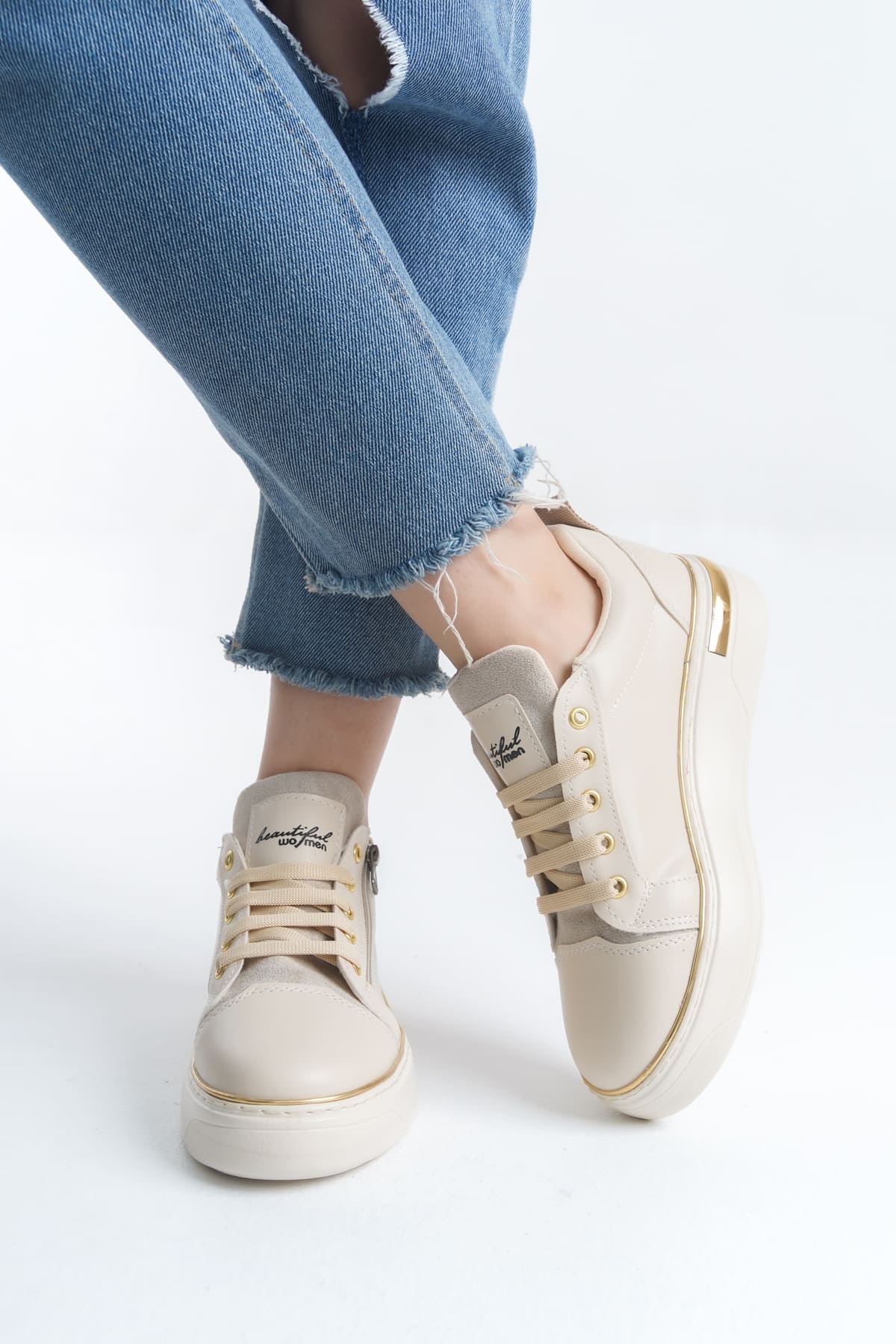 DINA Bağcıklı Fermuarlı Ortopedik Taban Kadın Sneaker Spor Ayakkabı CKT - Krem/Altın - Görsel 3