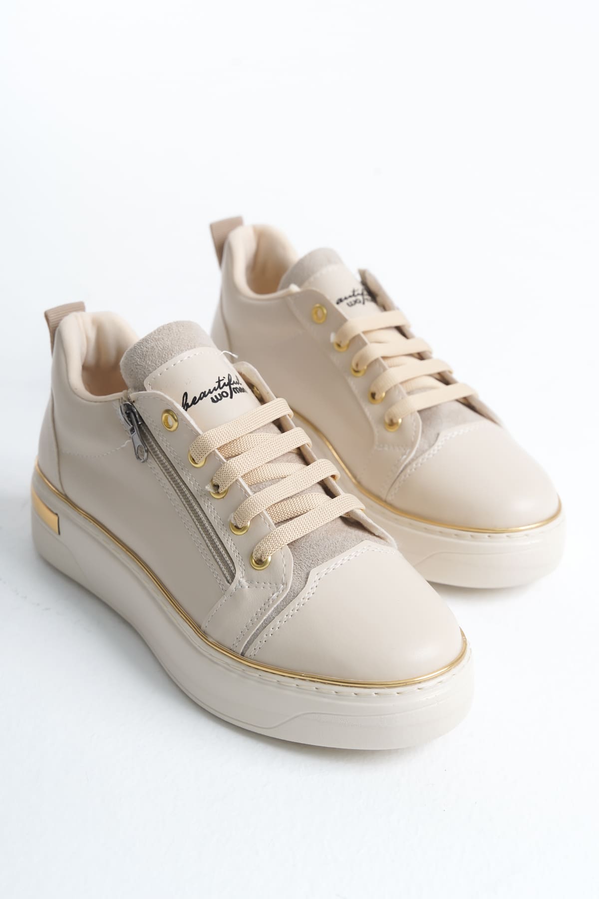 DINA Bağcıklı Fermuarlı Ortopedik Taban Kadın Sneaker Spor Ayakkabı CKT - Krem/Altın - Görsel 4