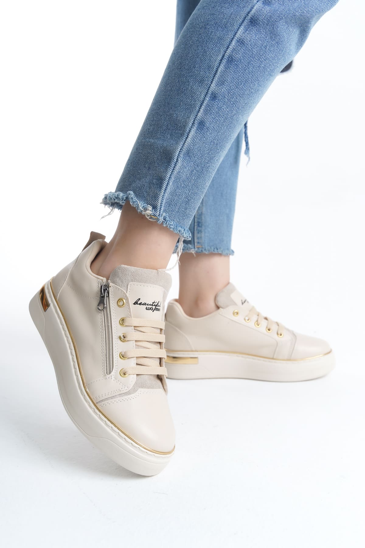DINA Bağcıklı Fermuarlı Ortopedik Taban Kadın Sneaker Spor Ayakkabı CKT - Krem/Altın
