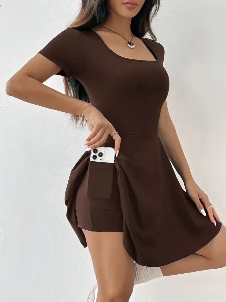 Kadın Kısa Kollu Kare Yaka Short Detaylı Cepli Dalgıç Elbise - Görsel 2