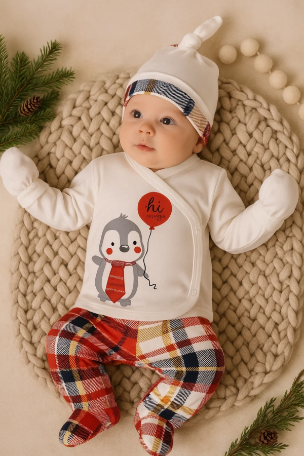 Ekoseli Penguen Desenli Fularlı 5'li Erkek Hastane Çıkışı