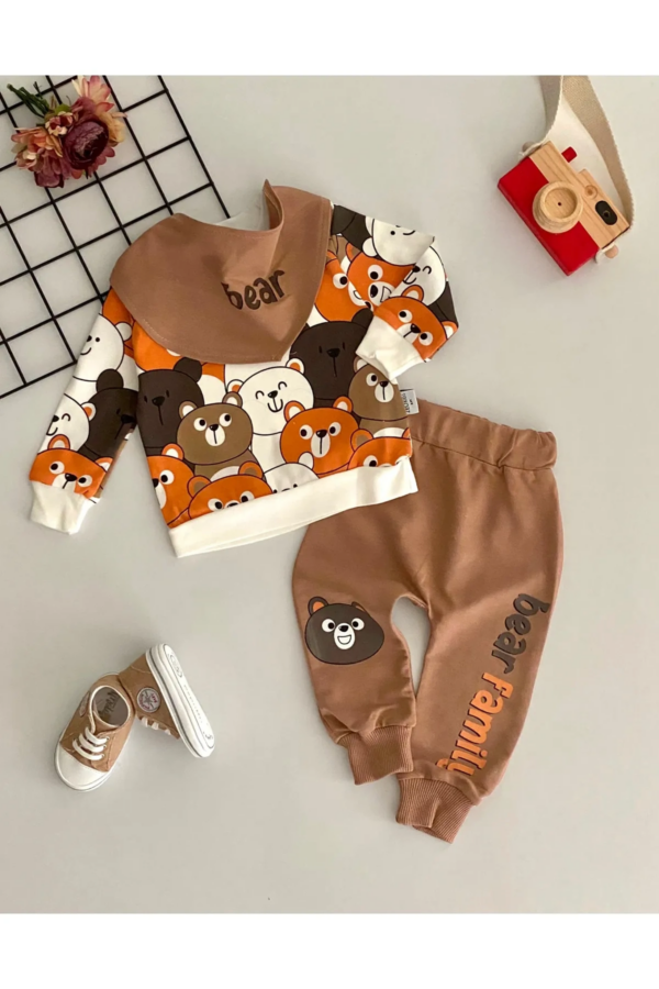 Family Bears Desenli 3'lü Fularlı Erkek Bebek Takımı