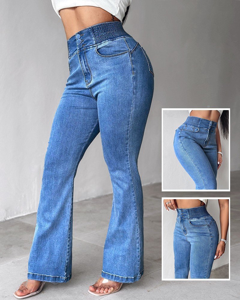 Kadın Yüksek Bel Yanları Lastik önü Düğmeli Kot Pantolon - Görsel 6