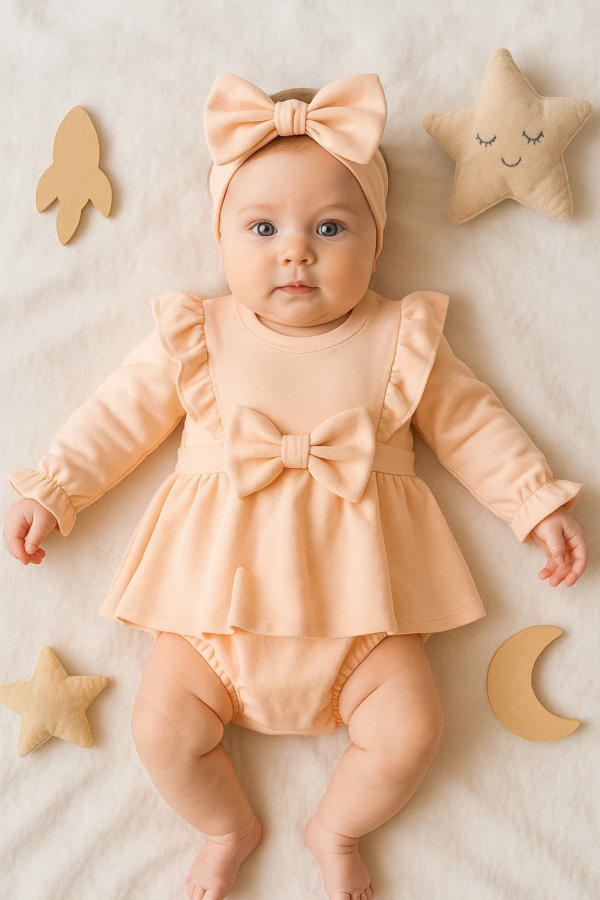 Fiyonklu % 100 Pamuk Kız Bebek Romper