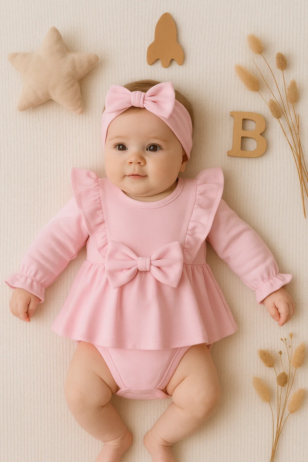 Fiyonklu % 100 Pamuk Kız Bebek Romper