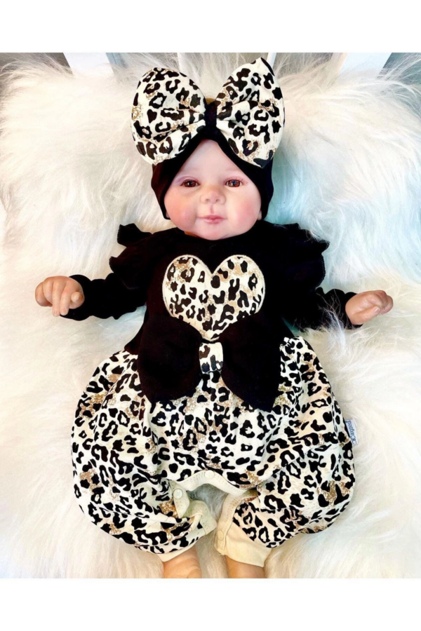 Fiyonklu Leopar Desenli % 100 Pamuk Kız Bebek Takım