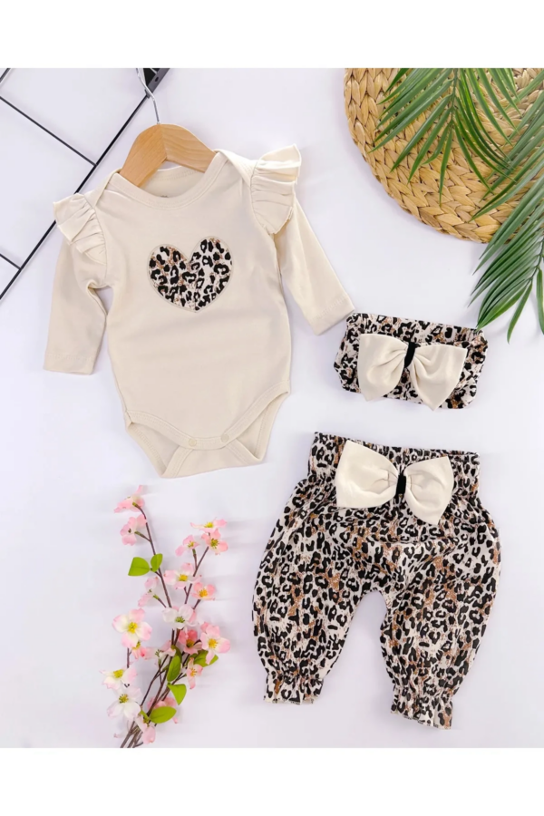 Fiyonklu Leopar Desenli % 100 Pamuk Kız Bebek Takım
