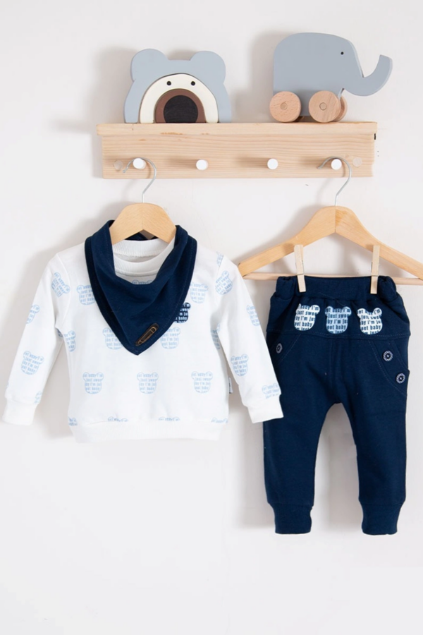 Fularlı Baby Desenli 3'lü Erkek Bebek Takım