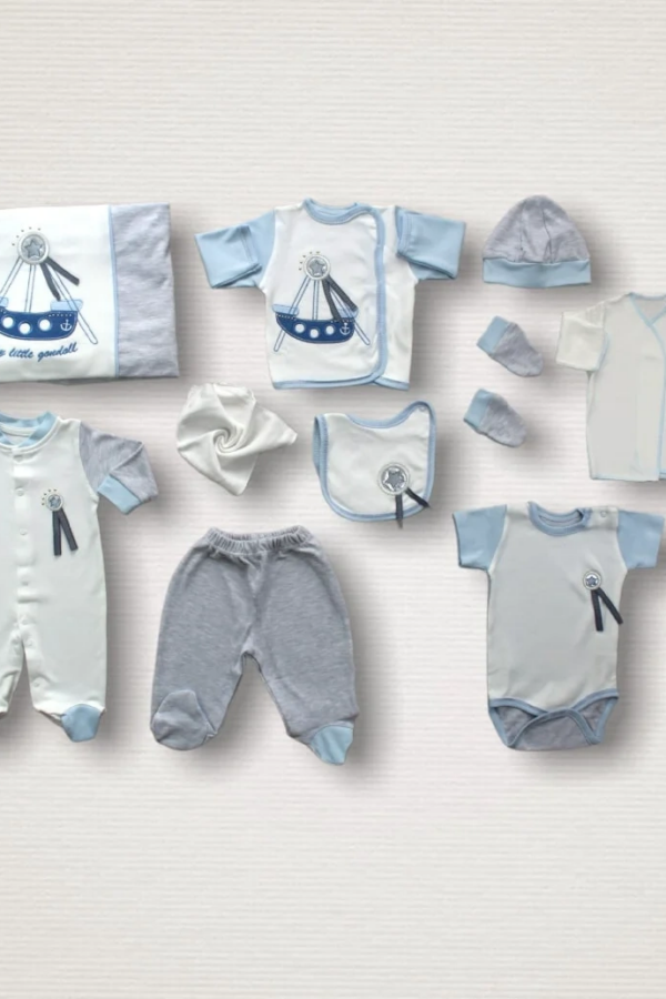 Gondol Gemi Nakışlı %100 Cotton Antibakteriyel 10lu Zıbın Takımı Hastane Çıkışı