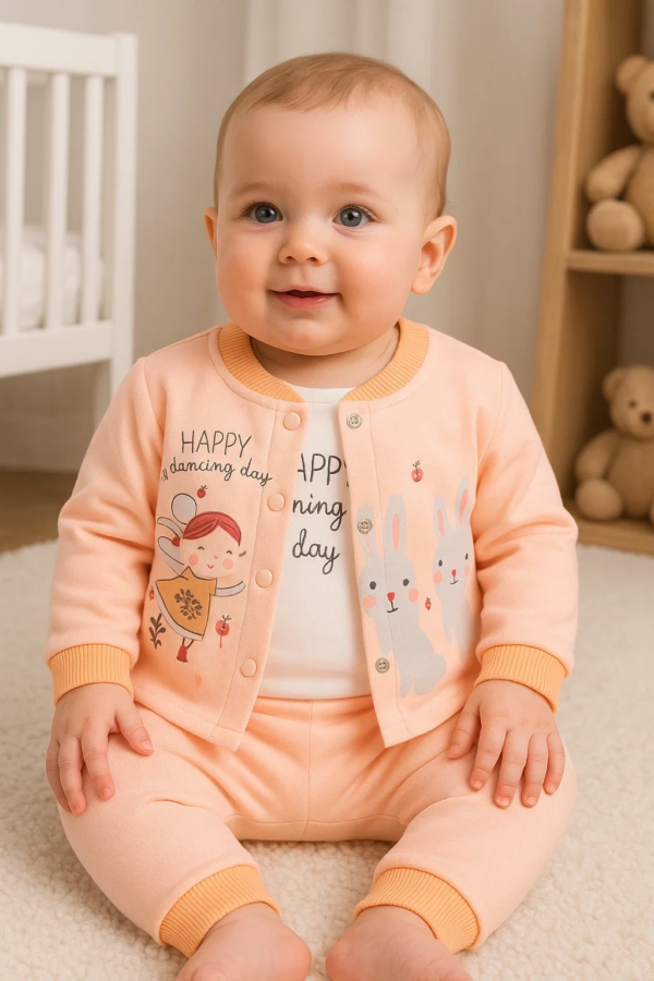 Happy Dancing Desenli 3'lü Hırkalı Kız Bebek Takım