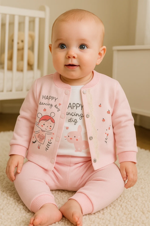 Happy Dancing Desenli 3'lü Hırkalı Kız Bebek Takım