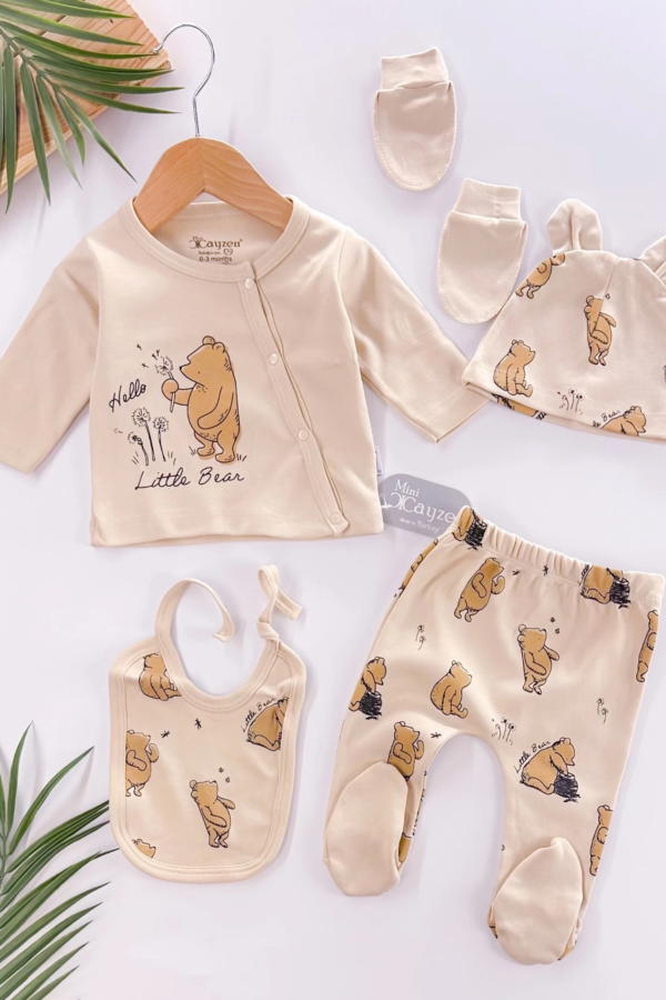 Hello Little Bear Baskılı 5 Parça %100 Pamuk Erkek Bebek Hastane Çıkışı