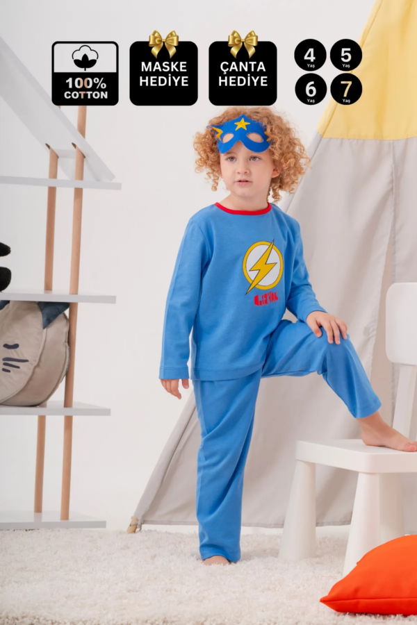 Heros Desenli Çanta Ve Maskeli % 100 Pamuk Erkek Çocuk Pijama Takımı