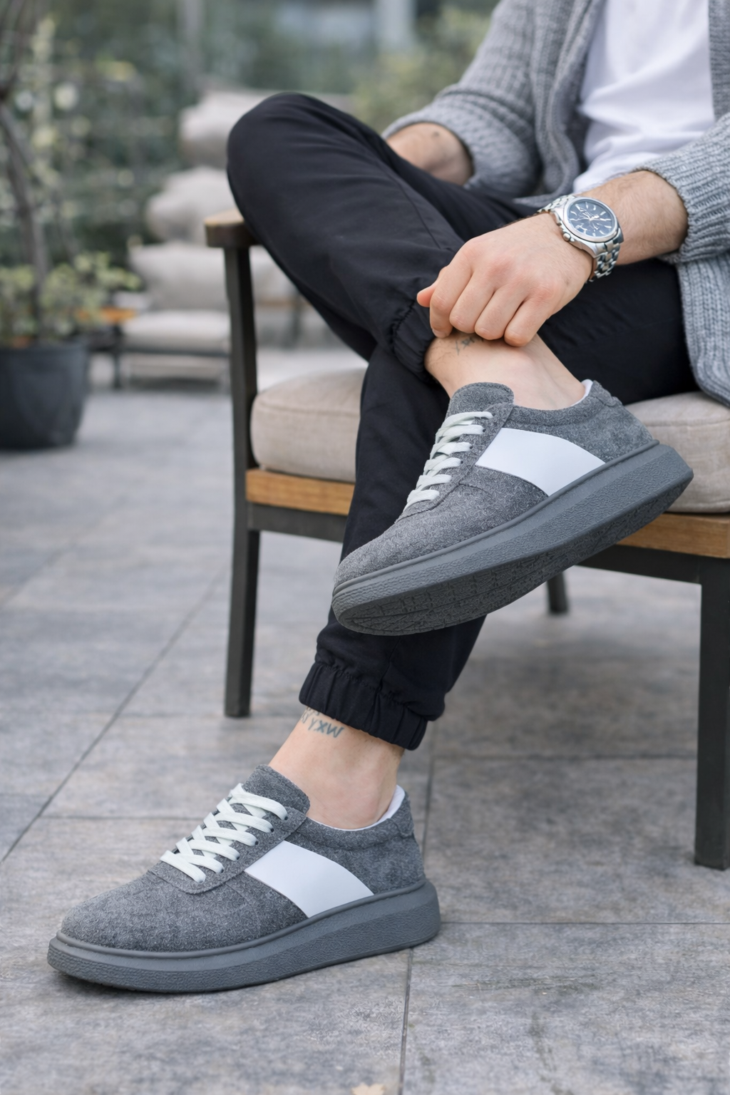 JY011 Line Erkek Günlük Bağcıklı Süet Spor Sneaker Ayakkabı SGT - Gri/Beyaz - Görsel 2