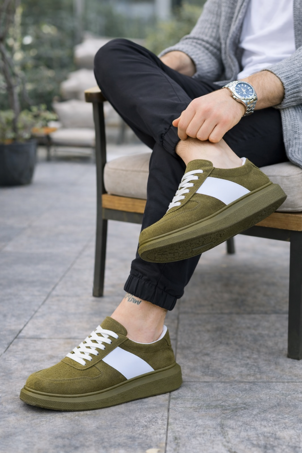 JY011 Line Erkek Günlük Bağcıklı Süet Spor Sneaker Ayakkabı SHT - Haki/Beyaz - Görsel 2
