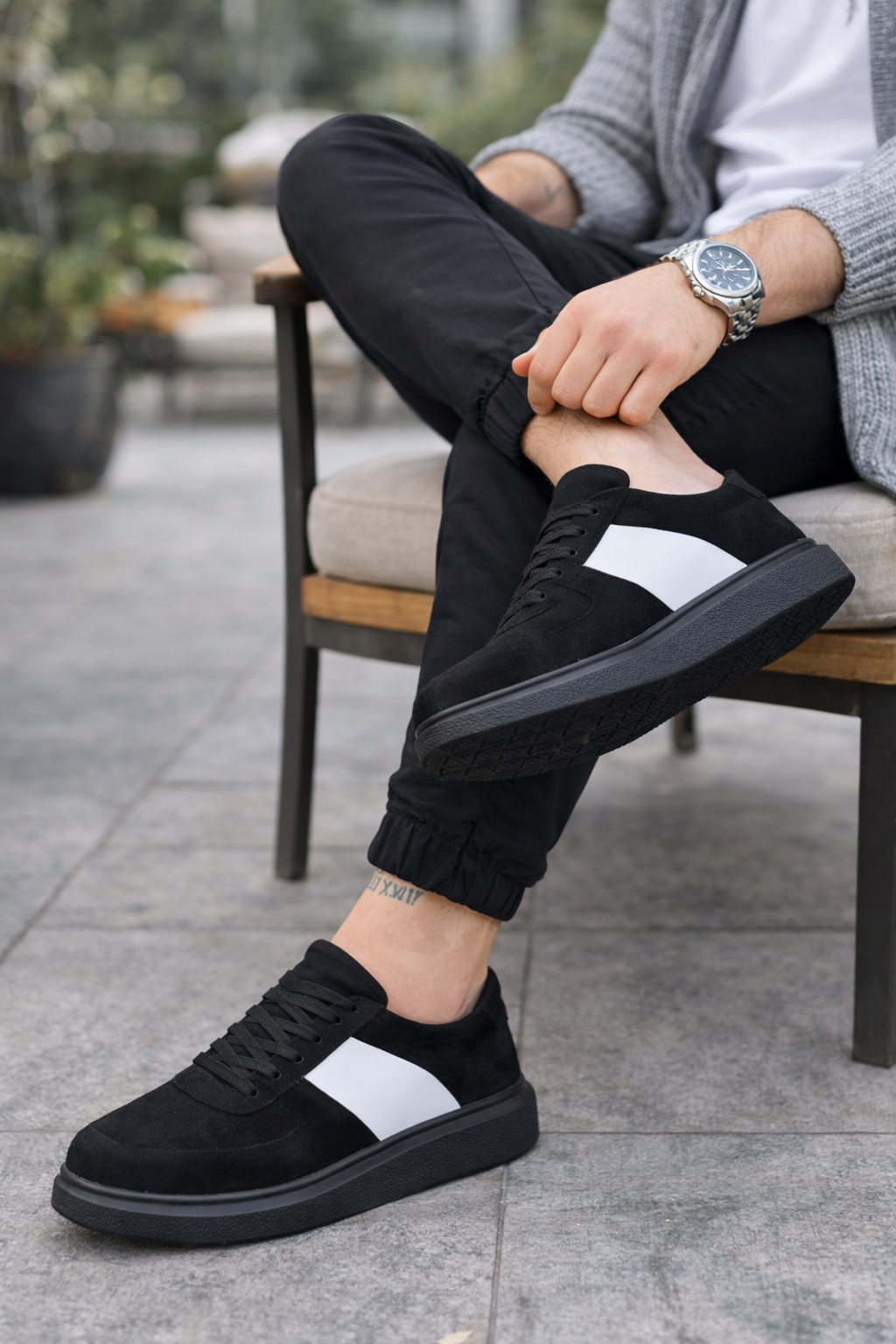 JY011 Line Erkek Günlük Bağcıklı Süet Spor Sneaker Ayakkabı SST - Siyah/Beyaz - Görsel 2