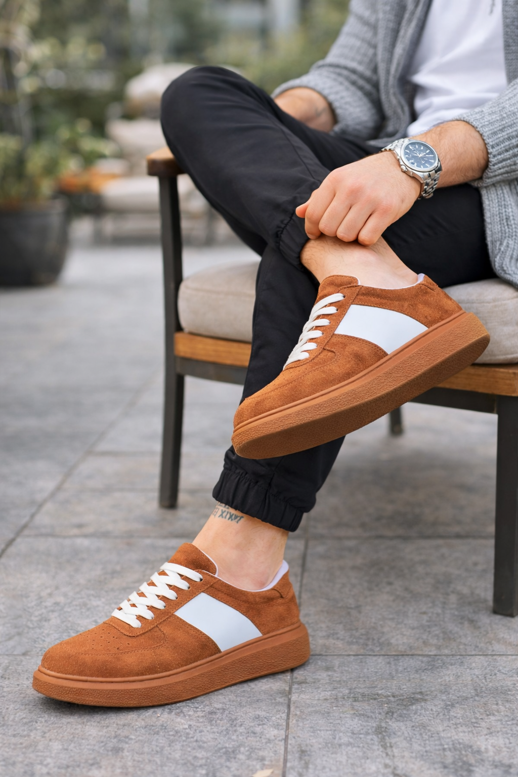 JY011 Line Erkek Günlük Bağcıklı Süet Spor Sneaker Ayakkabı STT - Taba/Beyaz - Görsel 2