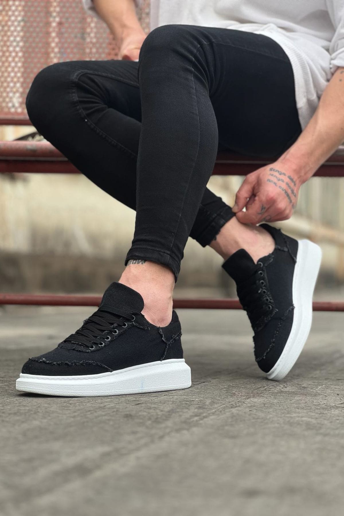 JY018 Dexo Erkek Günlük Bağcıklı Kot Kumaş Spor Sneaker Ayakkabı TBT - Siyah - Görsel 2