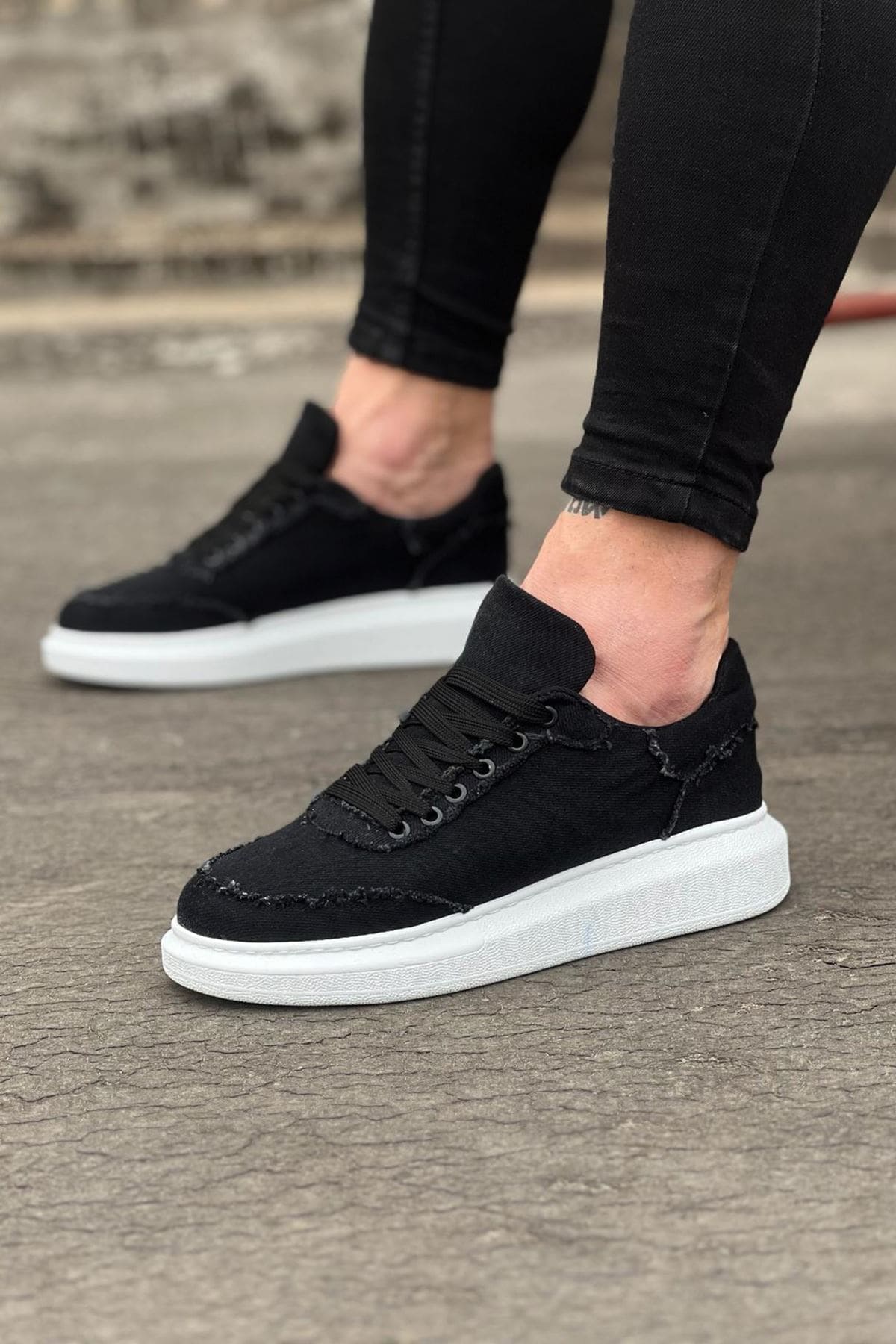 JY018 Dexo Erkek Günlük Bağcıklı Kot Kumaş Spor Sneaker Ayakkabı TBT - Siyah