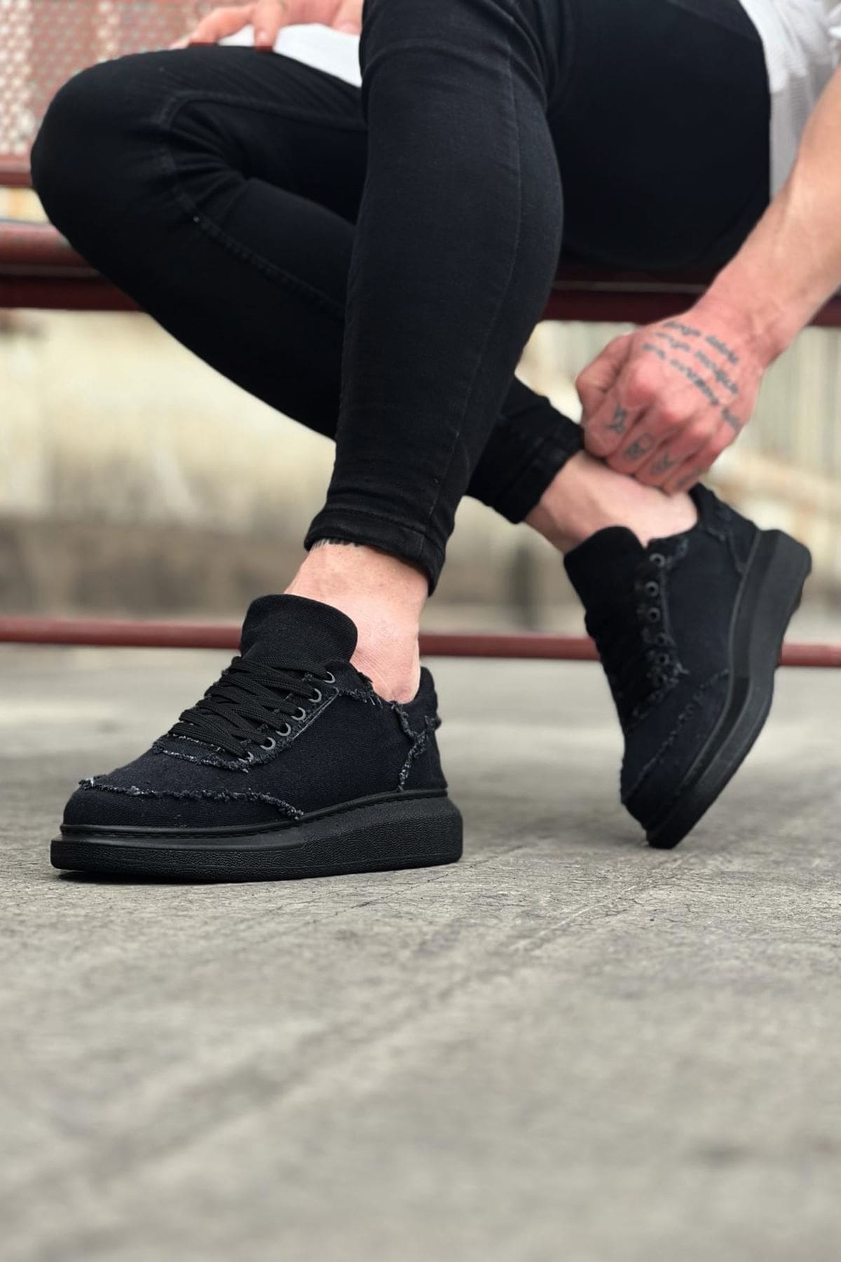 JY018 Dexo Erkek Günlük Bağcıklı Kot Kumaş Spor Sneaker Ayakkabı TST - Siyah - Görsel 2