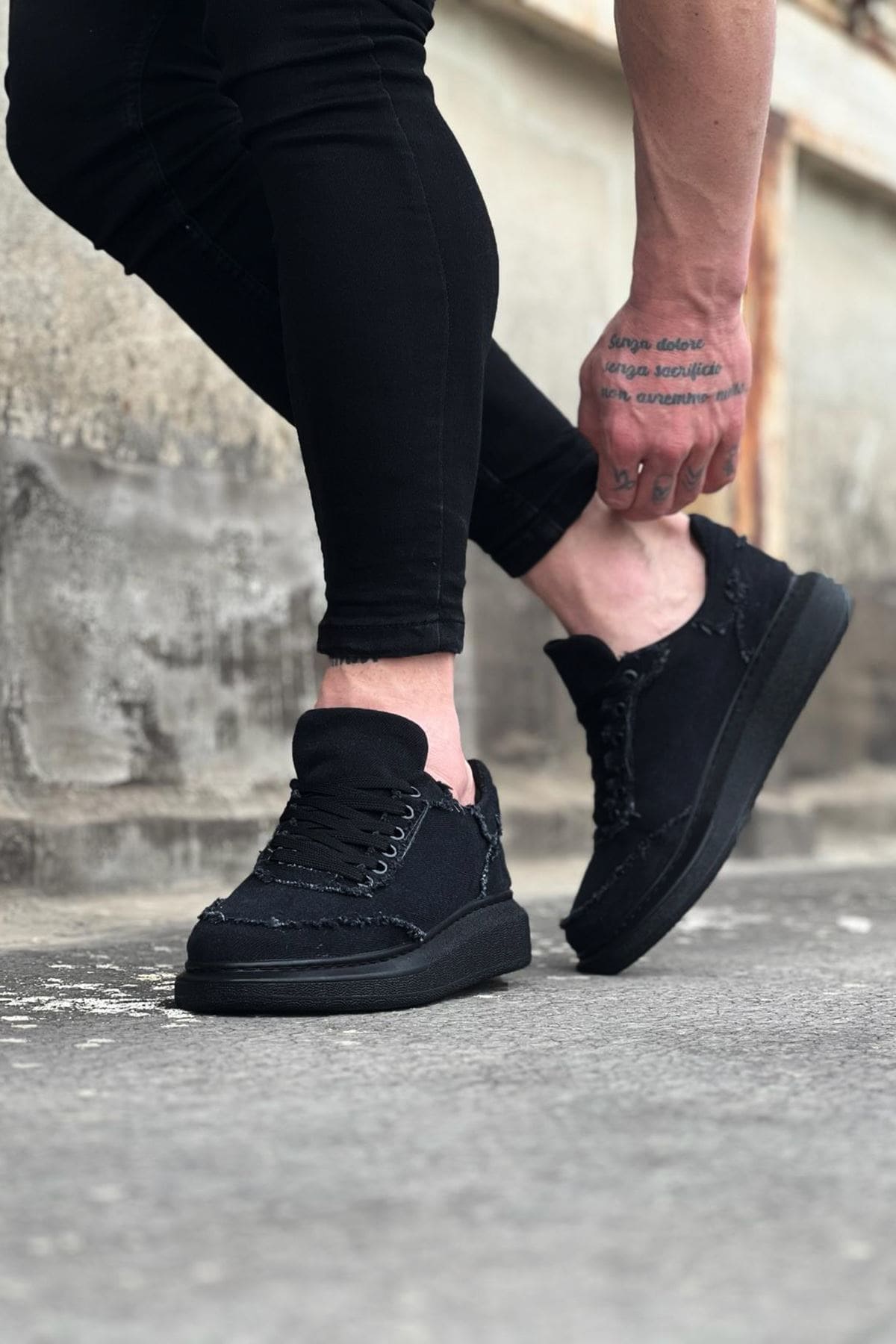 JY018 Dexo Erkek Günlük Bağcıklı Kot Kumaş Spor Sneaker Ayakkabı TST - Siyah - Görsel 3