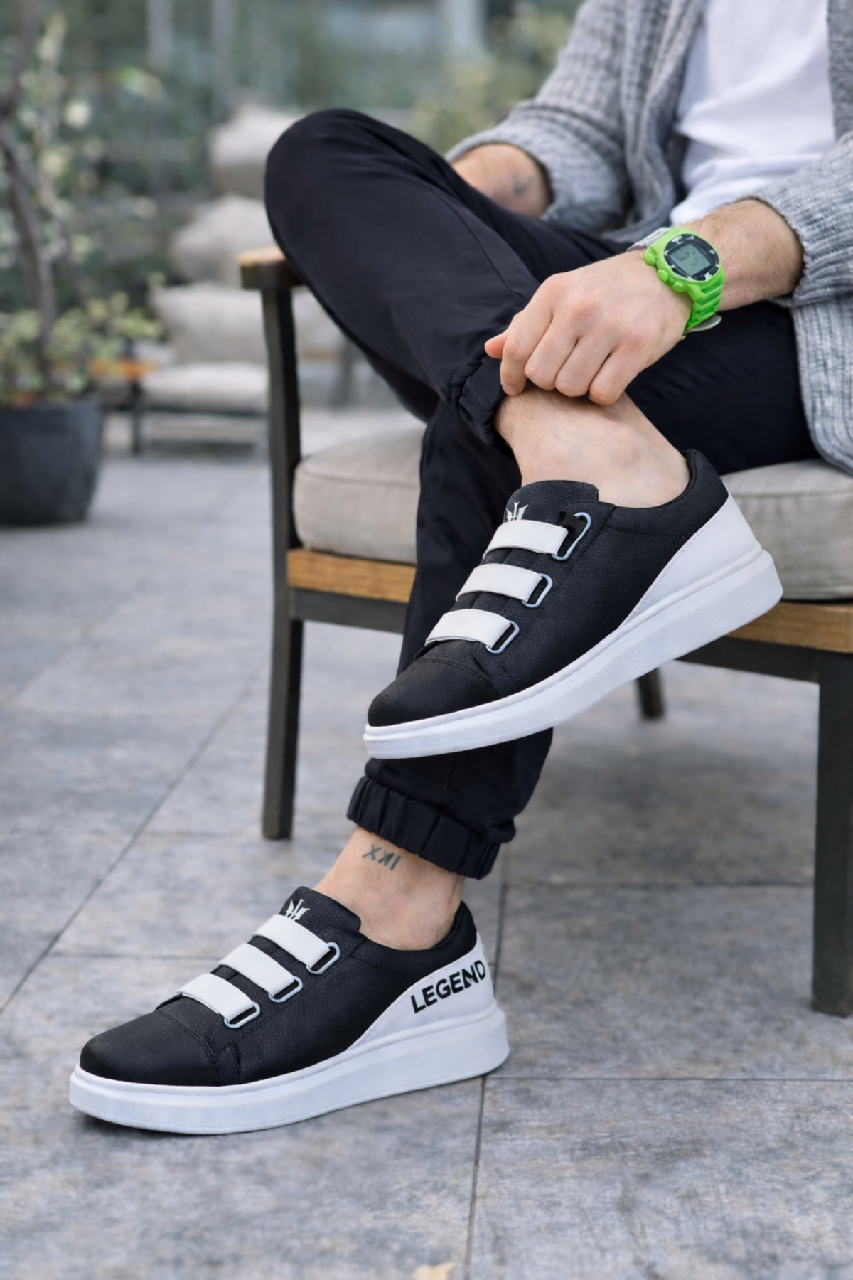 JY029 Mono Bağcıksız 3 Bantlı Lastikli Legend Cilt Erkek Günlük Sneaker Ayakkabı CBT - Siyah/Beyaz - Görsel 2
