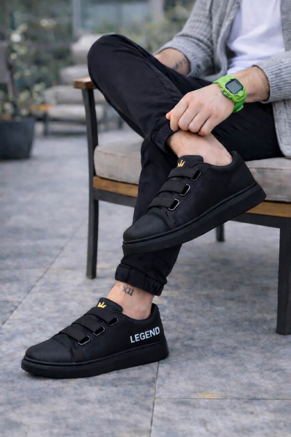 JY029 Mono Bağcıksız 3 Bantlı Lastikli Legend Cilt Erkek Günlük Sneaker Ayakkabı CST - Siyah - Görsel 2