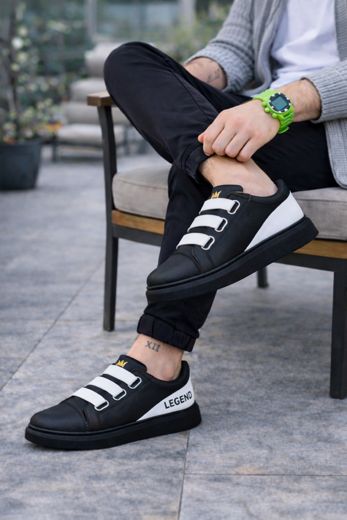 JY029 Mono Bağcıksız 3 Bantlı Lastikli Legend Cilt Erkek Günlük Sneaker Ayakkabı CST - Siyah/Beyaz - Görsel 2