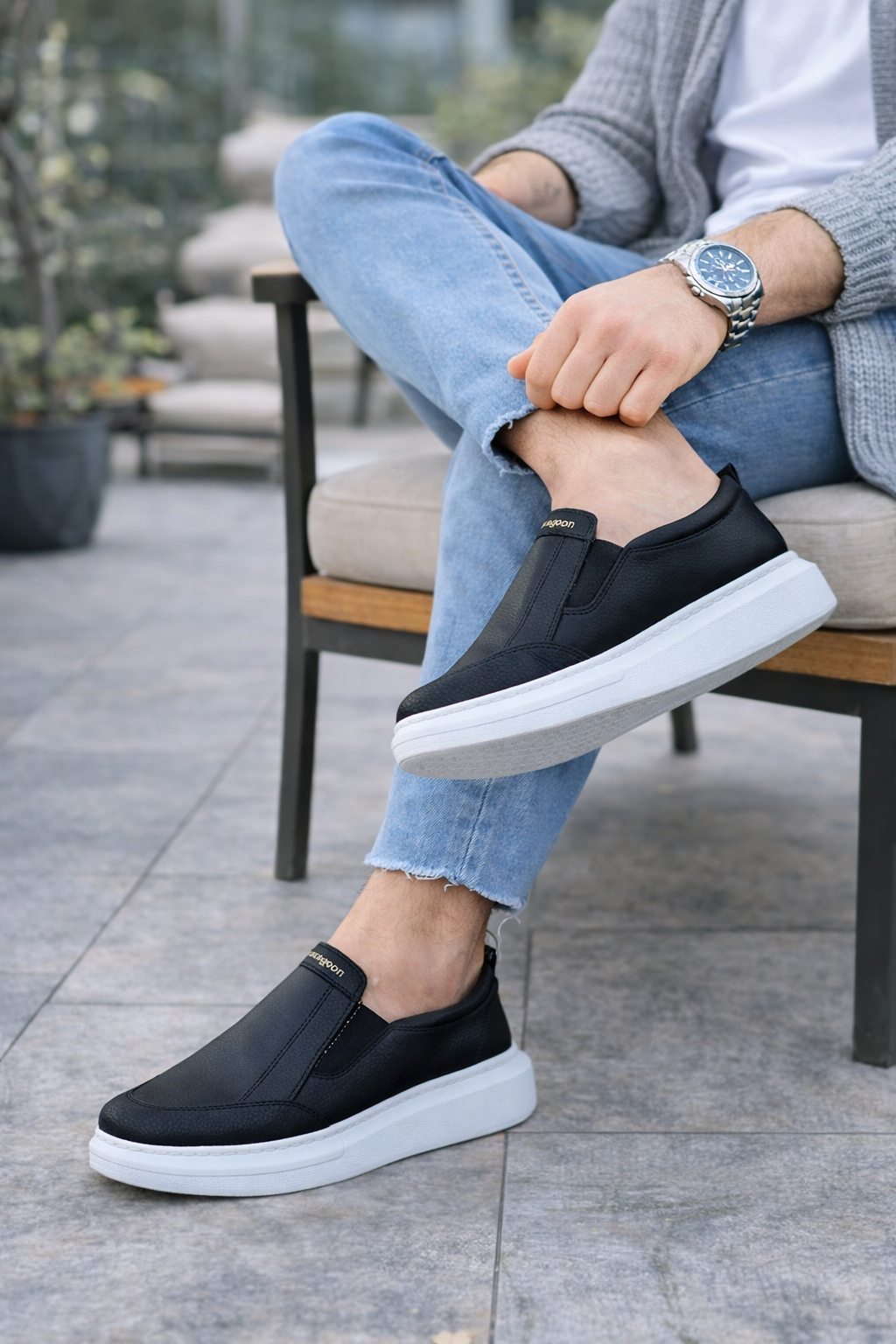 JY049 Ease Bağcıksız Erkek Günlük Cilt Spor Sneaker Ayakkabı CBT - Siyah - Görsel 2