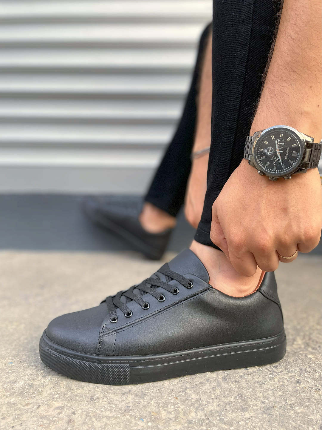 JY122 Mode Bağcıklı Cilt Erkek Günlük Sneaker Ayakkabı CST - Siyah - Görsel 3