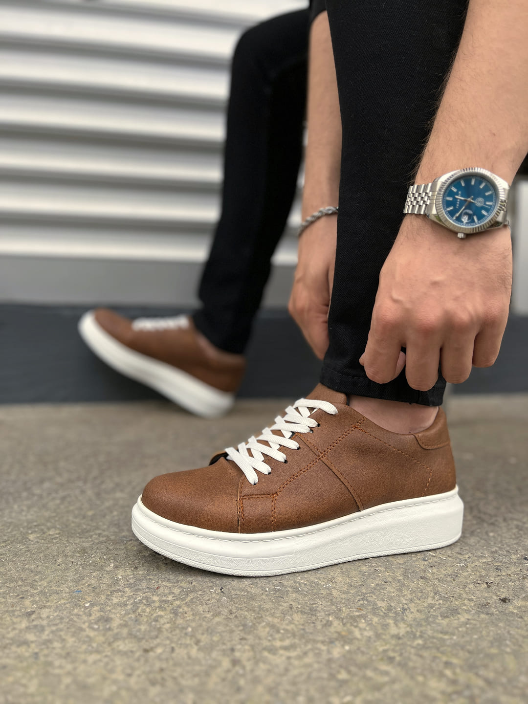 JY151 Boost Bağcıklı Cilt Erkek Günlük Sneaker Ayakkabı CBT - Taba - Görsel 3