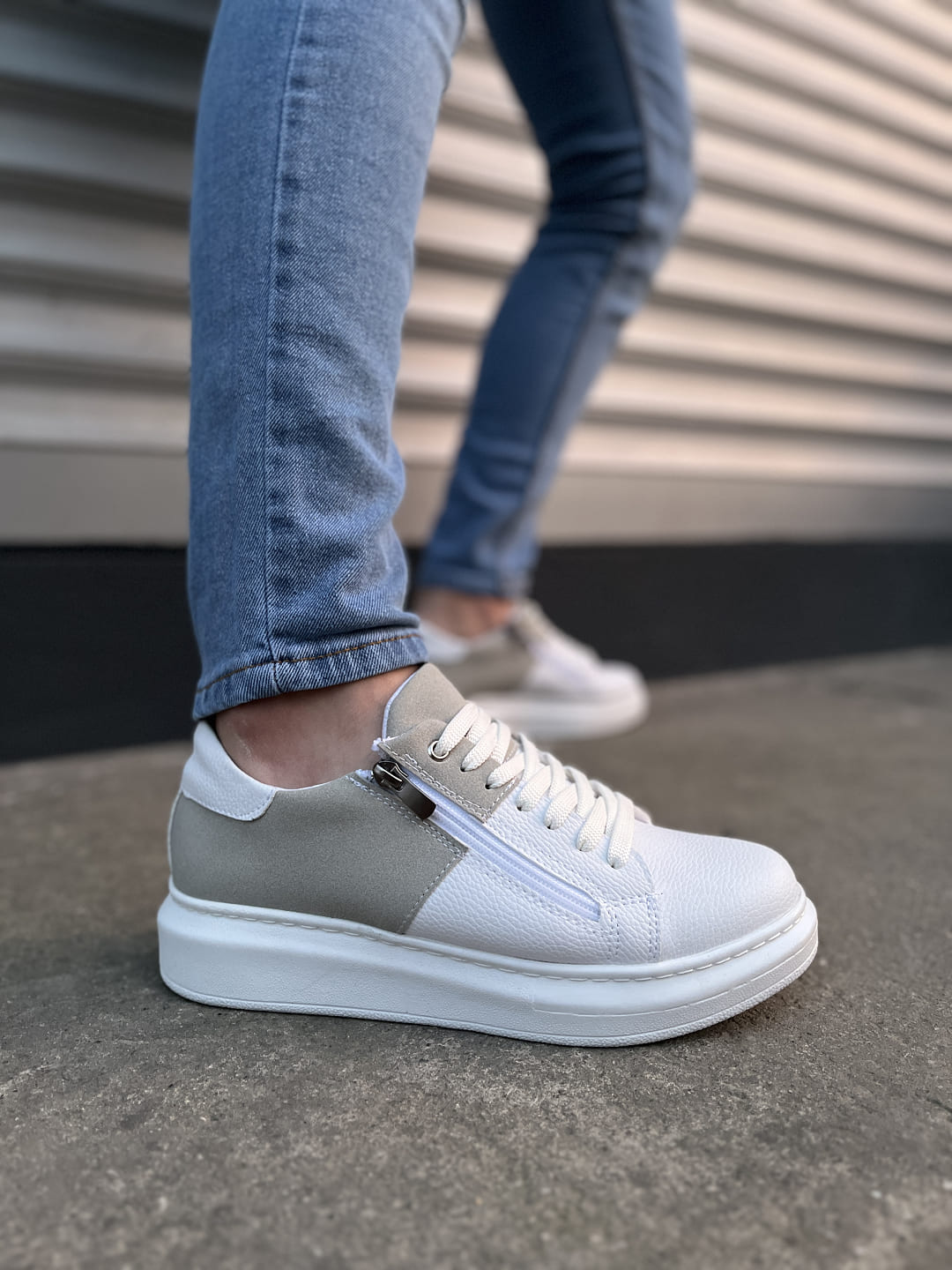 JY155 Warrior Bağcıklı ve Fermuarlı Cilt Süet Erkek Günlük Sneaker Ayakkabı CSBT - Beyaz/Gri