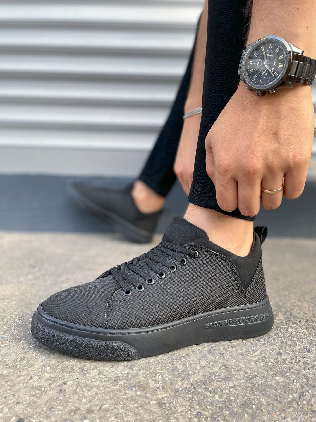 JY204 Flex Bağcıklı Keten Kumaş Erkek Günlük Sneaker Ayakkabı KST - Siyah - Görsel 3