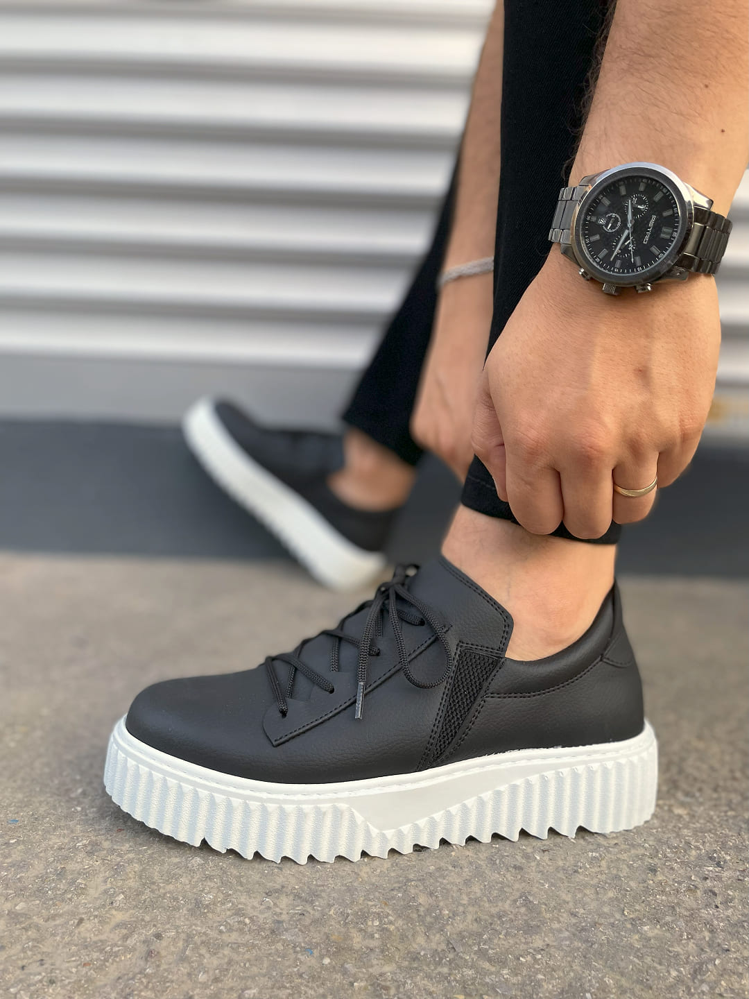 JY502 Bold Bağcıklı Cilt Erkek Günlük Sneaker Ayakkabı CBT - Siyah - Görsel 3