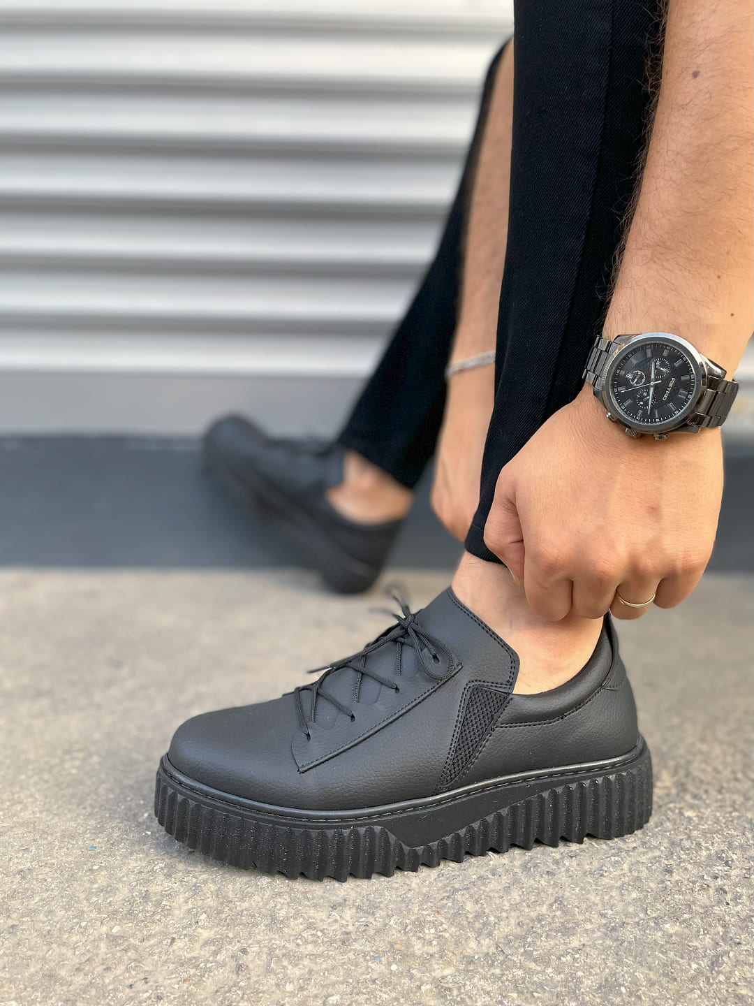 JY502 Bold Bağcıklı Cilt Erkek Günlük Sneaker Ayakkabı CST - Siyah - Görsel 3